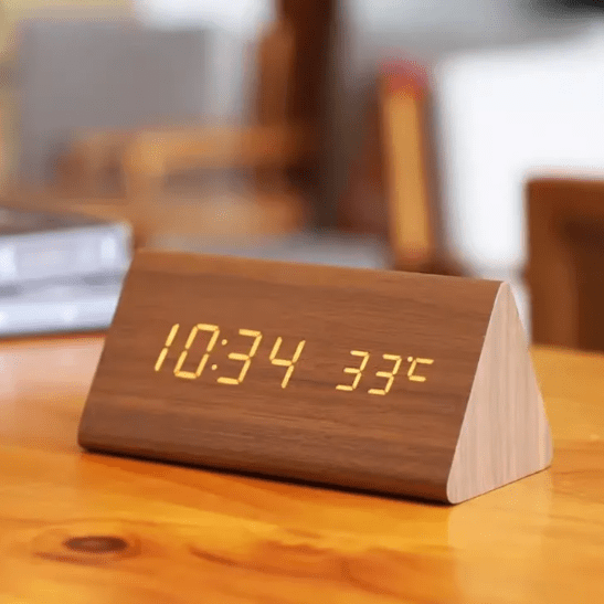 Wooden Digital Alarm Clock - LED Display and Voice Control