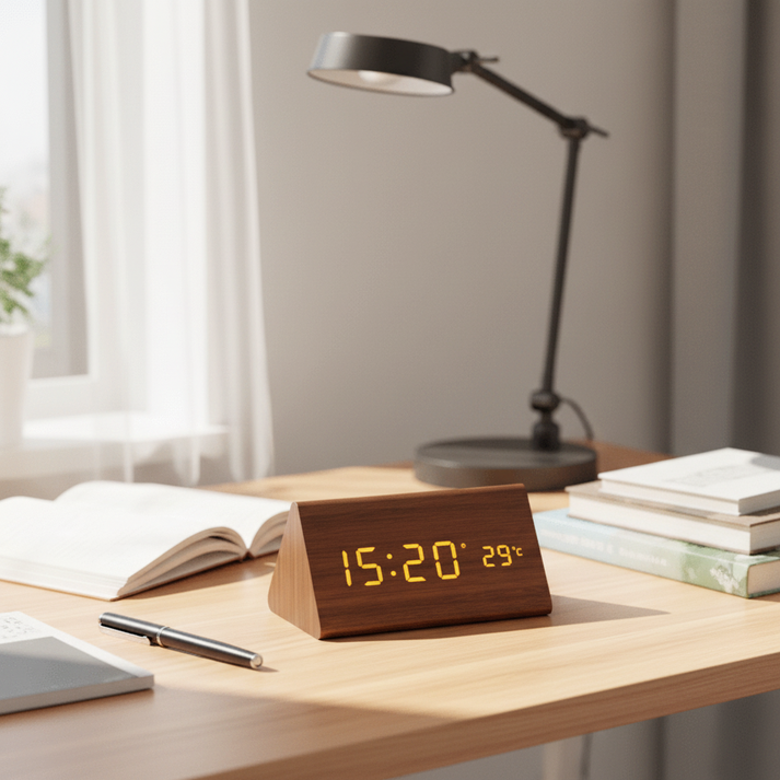 Wooden Digital Alarm Clock - LED Display and Voice Control