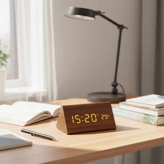 Wooden Digital Alarm Clock - LED Display and Voice Control