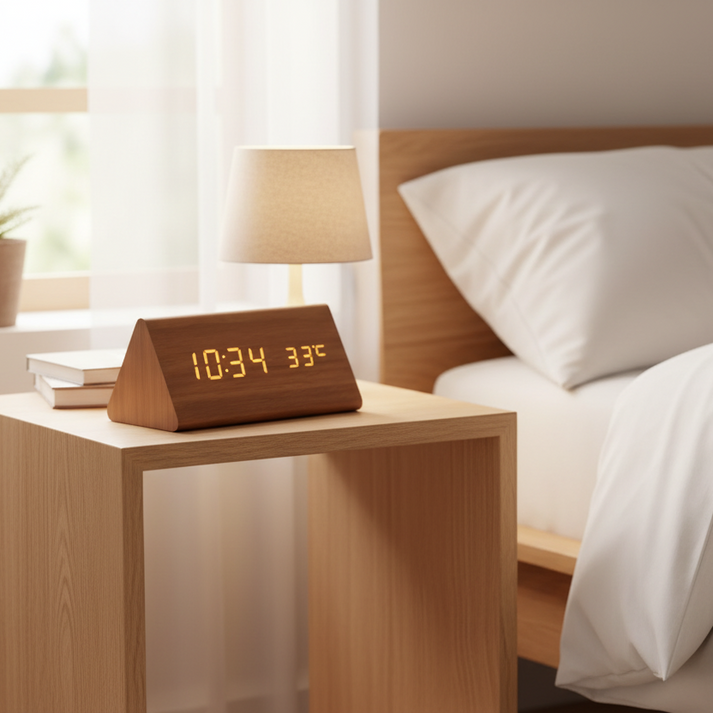 Wooden Digital Alarm Clock - LED Display and Voice Control