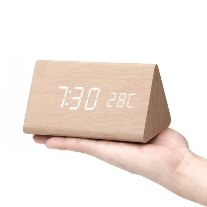 Wooden Digital Alarm Clock - LED Display and Voice Control