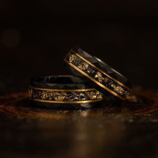 Gold Leaf and Black Meteorite Tungsten Ring – Orion