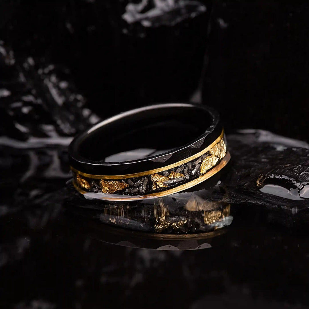 Gold Leaf and Black Meteorite Tungsten Ring – Orion