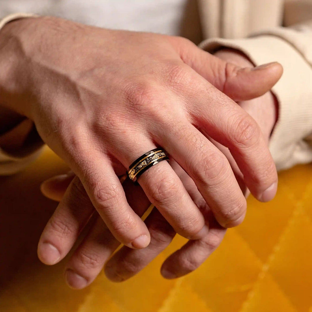 Gold Leaf and Black Meteorite Tungsten Ring – Orion