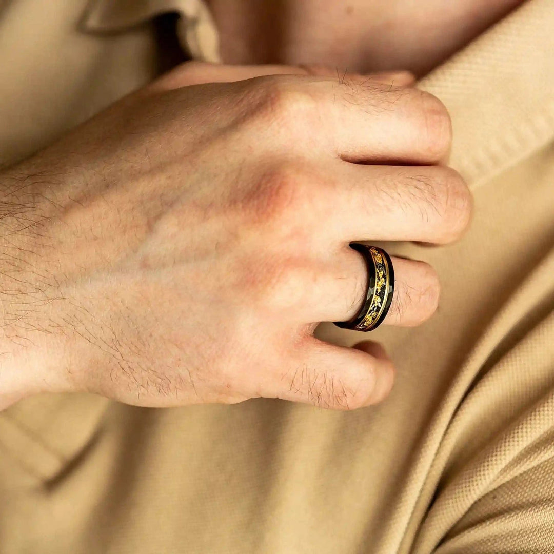 Gold Leaf and Black Meteorite Tungsten Ring – Orion