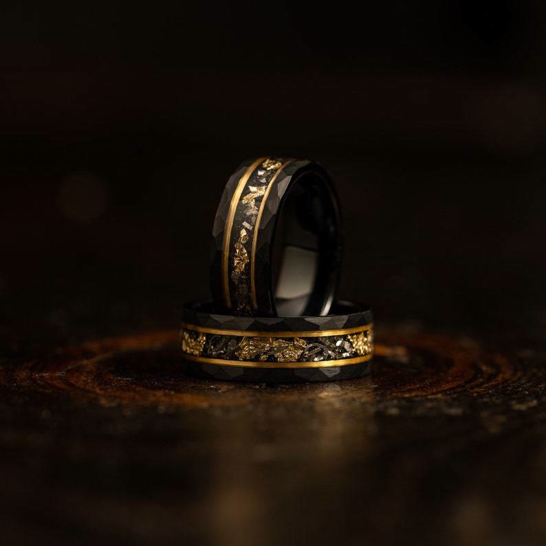 Gold Leaf and Black Meteorite Tungsten Ring – Orion