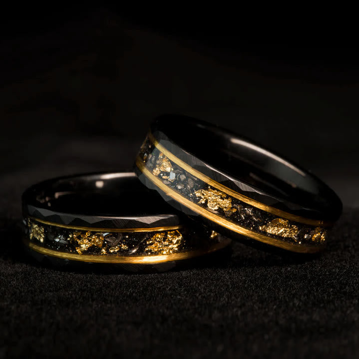 Gold Leaf and Black Meteorite Tungsten Ring – Orion