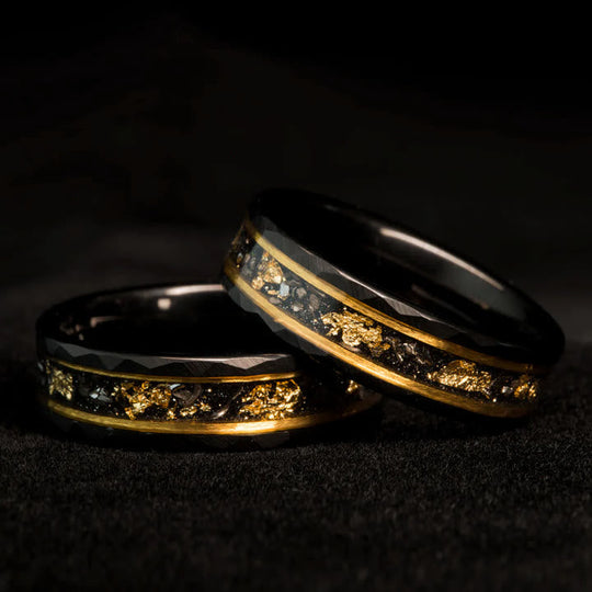 Gold Leaf and Black Meteorite Tungsten Ring – Orion