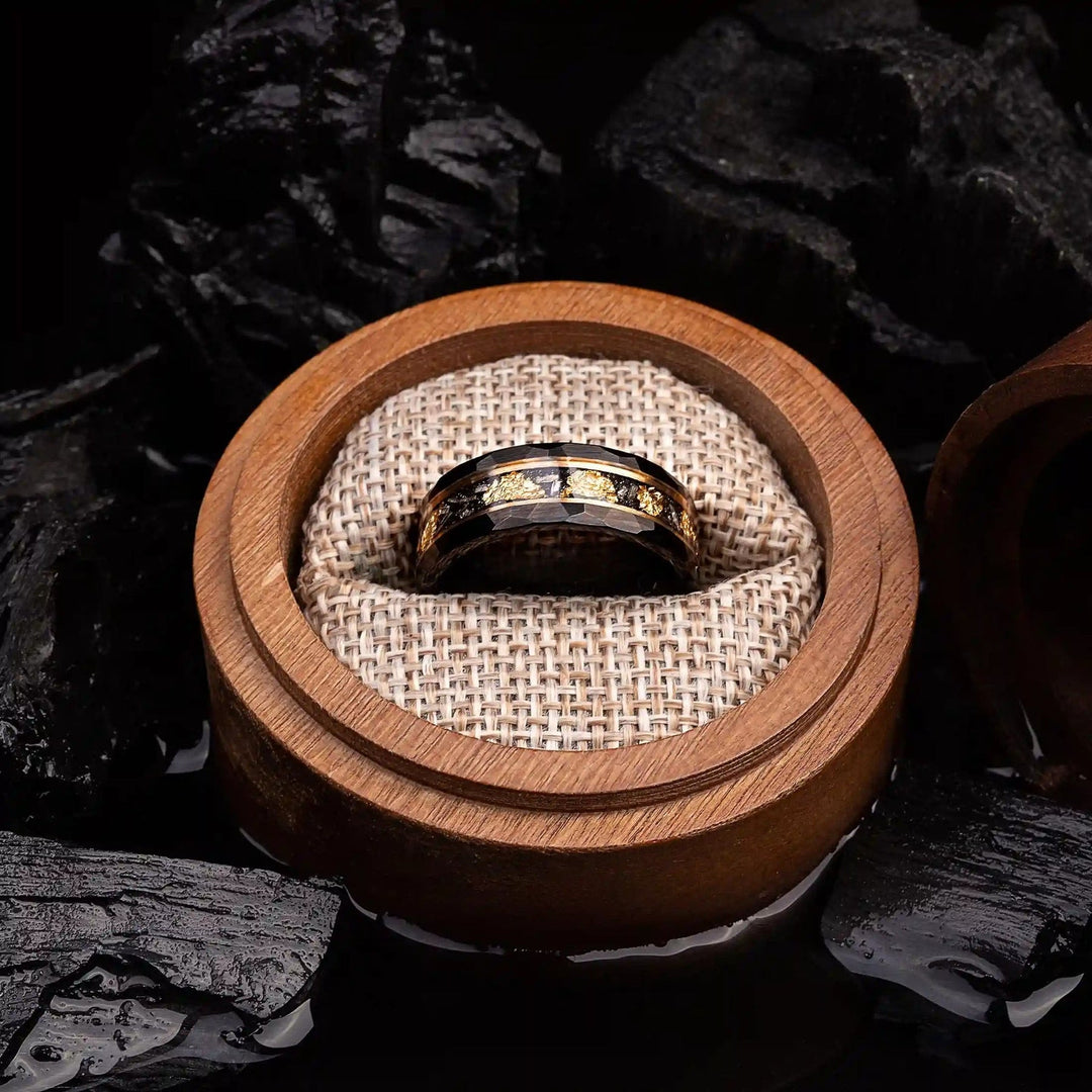 Gold Leaf and Black Meteorite Tungsten Ring – Orion