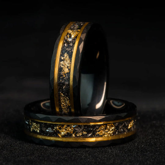 Gold Leaf and Black Meteorite Tungsten Ring – Orion
