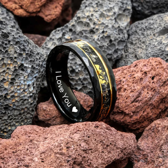 Gold Leaf and Black Meteorite Tungsten Ring – Orion