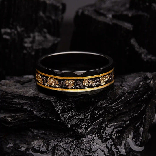 Gold Leaf and Black Meteorite Tungsten Ring – Orion