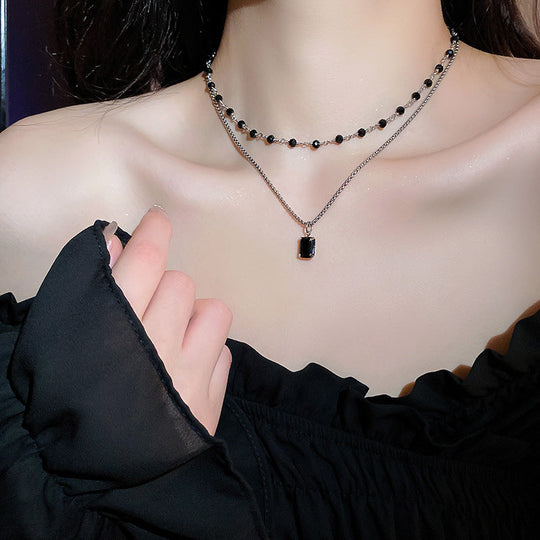 Silver Double Necklace with Black Pearls