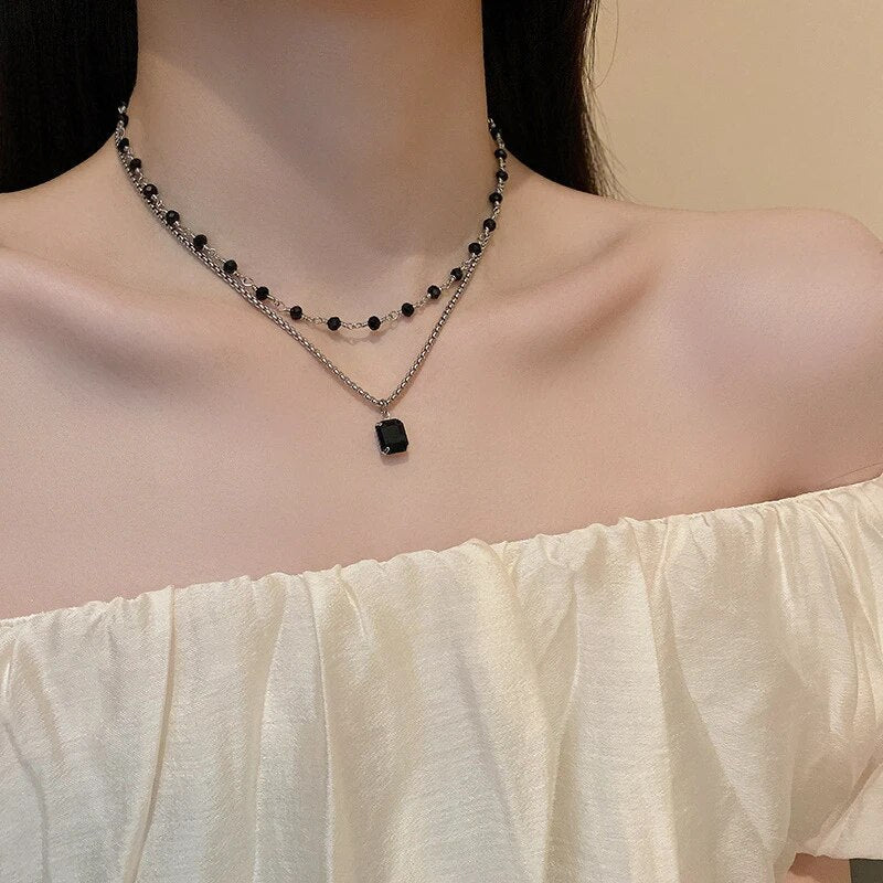 Silver Double Necklace with Black Pearls