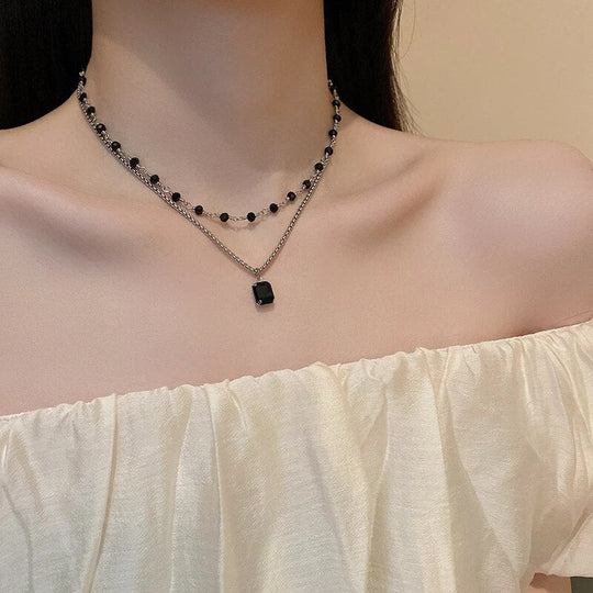 Silver Double Necklace with Black Pearls