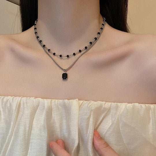 Silver Double Necklace with Black Pearls