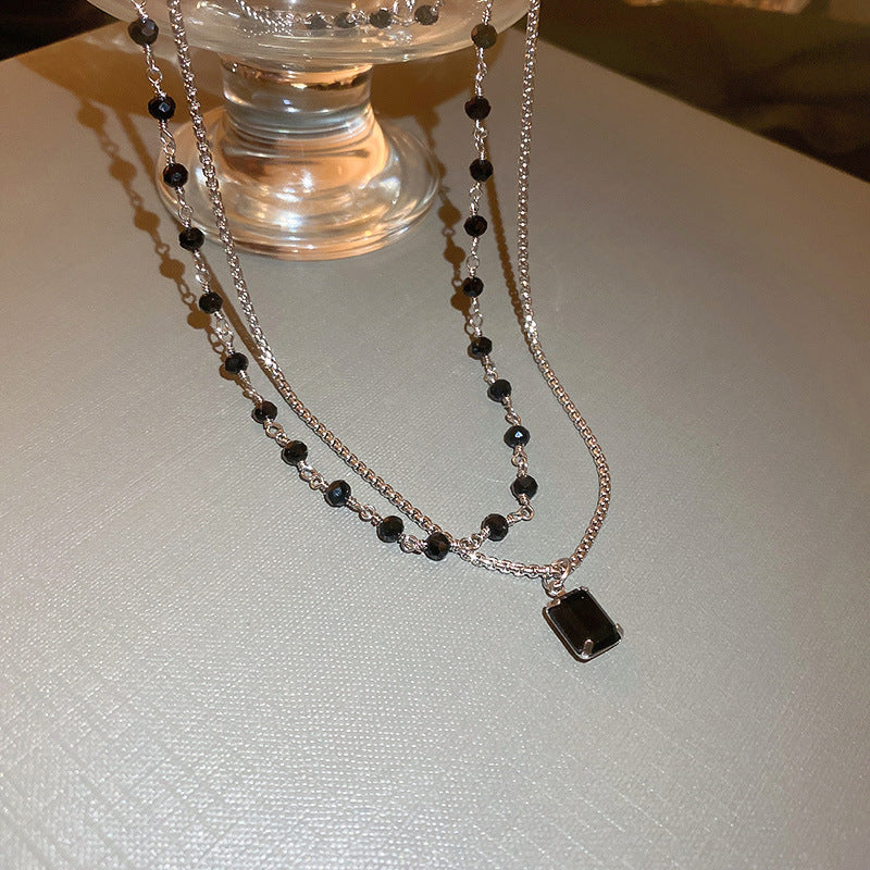 Silver Double Necklace with Black Pearls