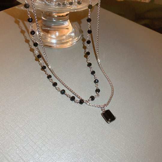 Silver Double Necklace with Black Pearls