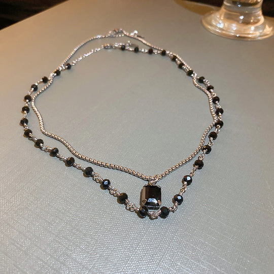 Silver Double Necklace with Black Pearls