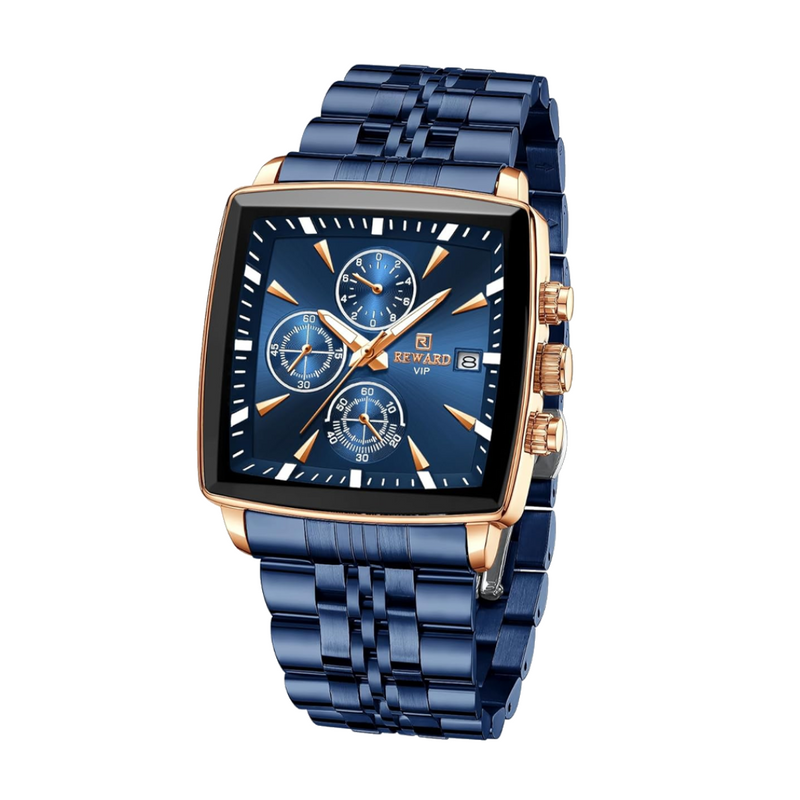Montre Chronographe Rectangulaire pour Hommes | Cadran Bleu Or Rose 47mm