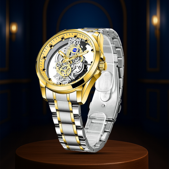 Orologio Analogico con Quadrante Scheletrato per Uomo | Cinturino Bimetallico in Acciaio 42mm