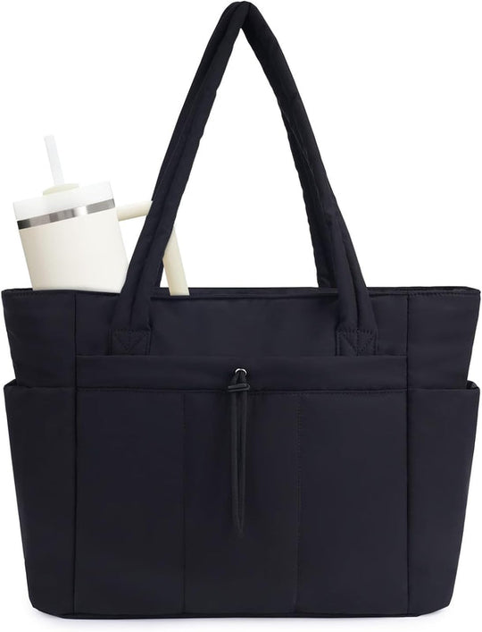 Quilted Puffer Carry Bag with Cup Holder and Laptop Compartment | For Travel and Work Tote with Cup Holder & Laptop Sleeve | Travel and Work