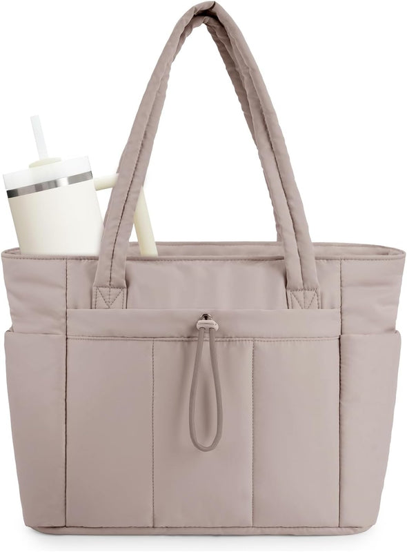 Quilted Puffer Carry Bag with Cup Holder and Laptop Compartment | For Travel and Work Tote with Cup Holder & Laptop Sleeve | Travel and Work
