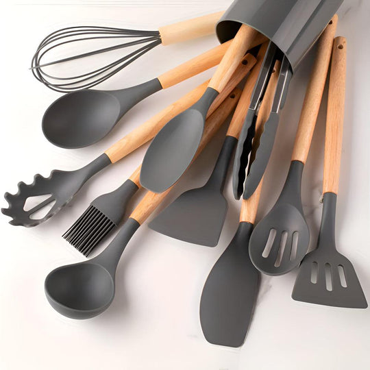 Silicone Kitchen Tool Set - 12 Pieces with Bamboo Handles Heat Resistant