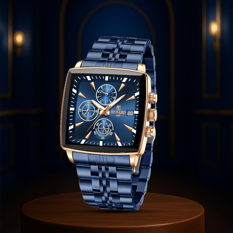 Montre Chronographe Rectangulaire pour Hommes | Cadran Bleu Or Rose 47mm