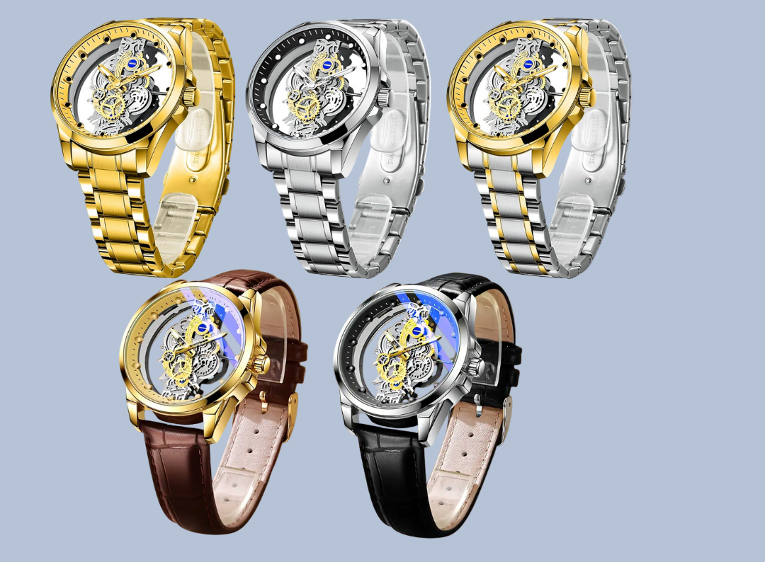 Orologio Analogico con Quadrante Scheletrato per Uomo | Cinturino Bimetallico in Acciaio 42mm