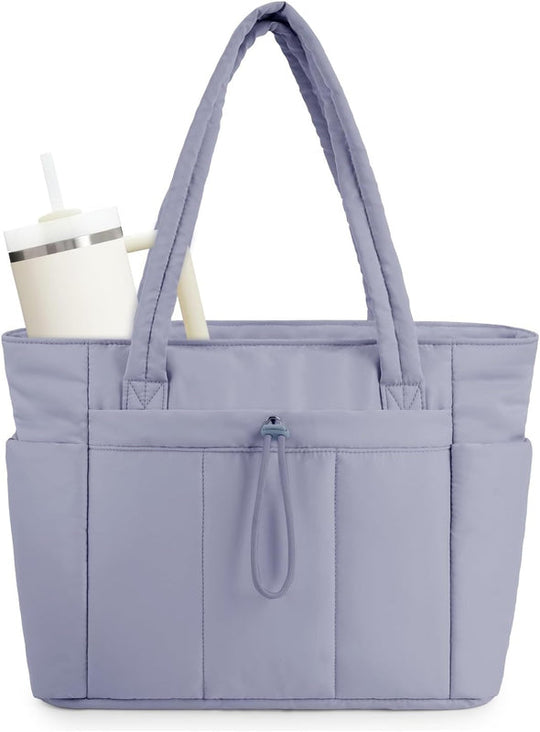 Quilted Puffer Carry Bag with Cup Holder and Laptop Compartment | For Travel and Work Tote with Cup Holder & Laptop Sleeve | Travel and Work