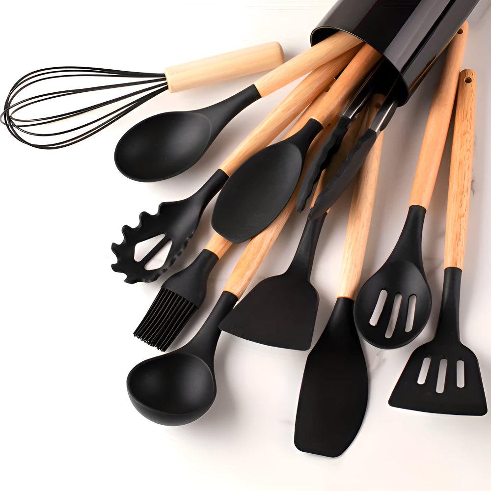 Silicone Kitchen Tool Set - 12 Pieces with Bamboo Handles Heat Resistant