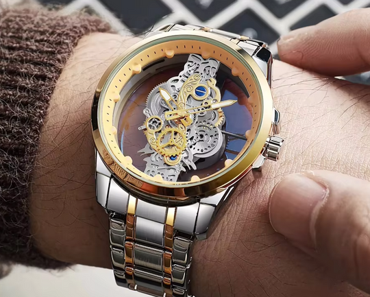 Orologio Analogico con Quadrante Scheletrato per Uomo | Cinturino Bimetallico in Acciaio 42mm