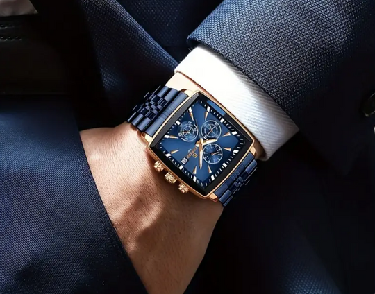 Montre Chronographe Rectangulaire pour Hommes | Cadran Bleu Or Rose 47mm