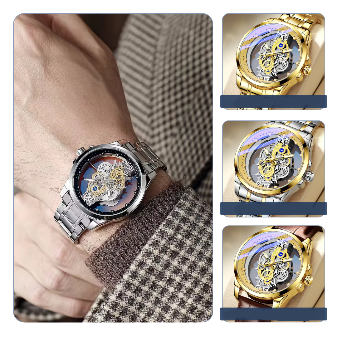 Orologio Analogico con Quadrante Scheletrato per Uomo | Cinturino Bimetallico in Acciaio 42mm