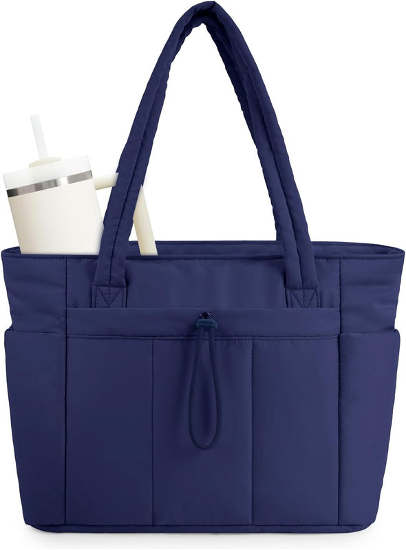 Quilted Puffer Carry Bag with Cup Holder and Laptop Compartment | For Travel and Work Tote with Cup Holder & Laptop Sleeve | Travel and Work