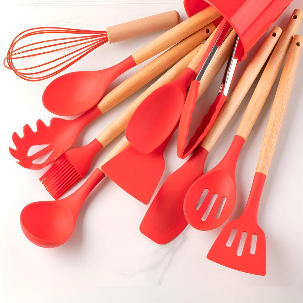 Silicone Kitchen Tool Set - 12 Pieces with Bamboo Handles Heat Resistant