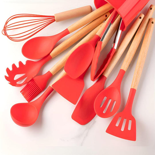 Silicone Kitchen Tool Set - 12 Pieces with Bamboo Handles Heat Resistant
