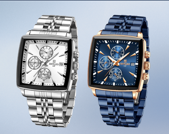 Montre Chronographe Rectangulaire pour Hommes | Cadran Bleu Or Rose 47mm