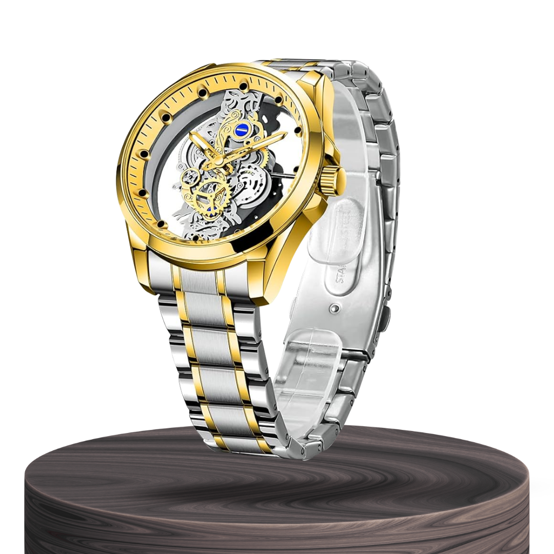Orologio Analogico con Quadrante Scheletrato per Uomo | Cinturino Bimetallico in Acciaio 42mm