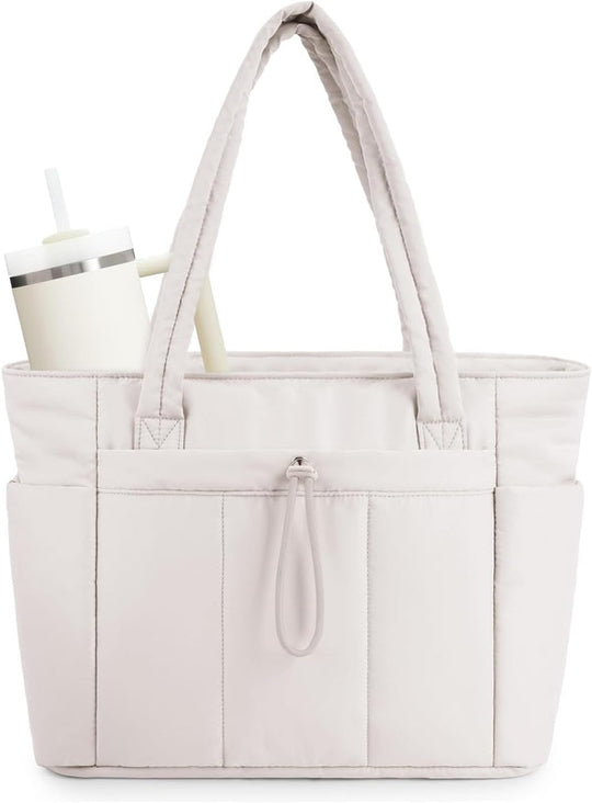 Quilted Puffer Carry Bag with Cup Holder and Laptop Compartment | For Travel and Work Tote with Cup Holder & Laptop Sleeve | Travel and Work