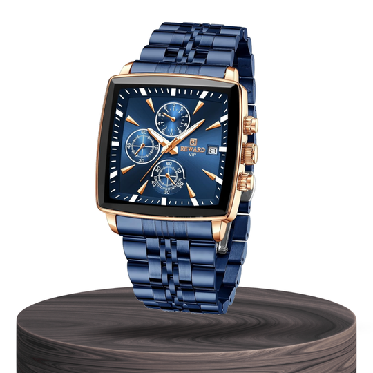 Montre Chronographe Rectangulaire pour Hommes | Cadran Bleu Or Rose 47mm