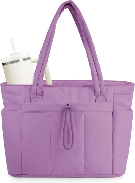 Quilted Puffer Carry Bag with Cup Holder and Laptop Compartment | For Travel and Work Tote with Cup Holder & Laptop Sleeve | Travel and Work