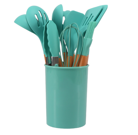 Silicone Kitchen Tool Set - 12 Pieces with Bamboo Handles Heat Resistant