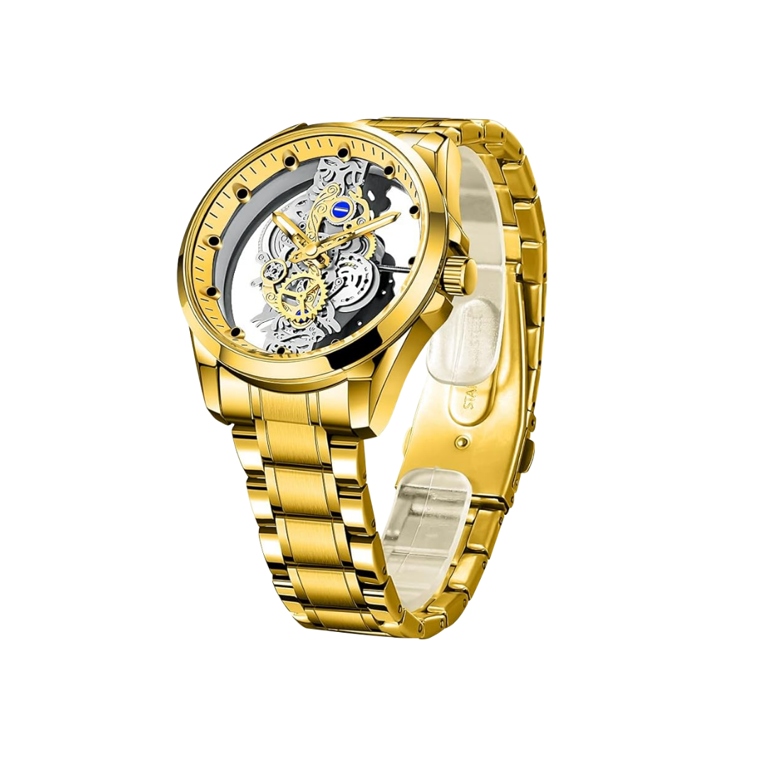Orologio Analogico con Quadrante Scheletrato per Uomo | Cinturino Bimetallico in Acciaio 42mm