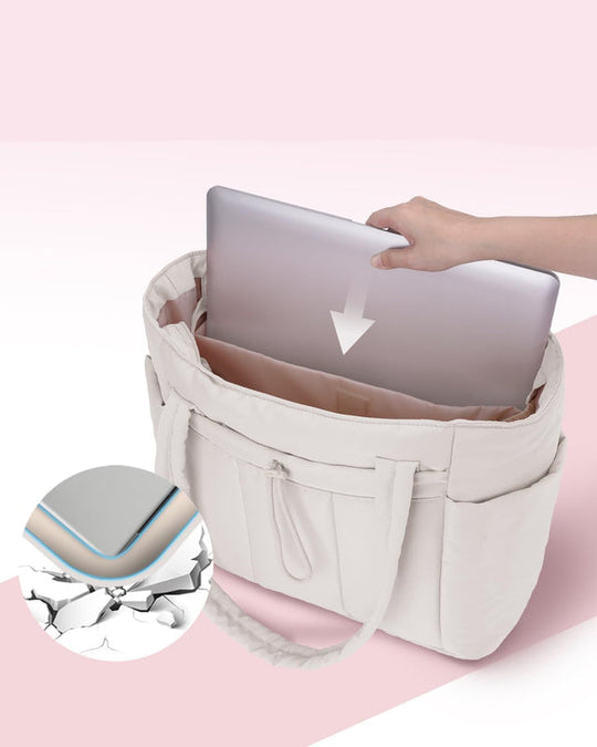 Quilted Puffer Carry Bag with Cup Holder and Laptop Compartment | For Travel and Work Tote with Cup Holder & Laptop Sleeve | Travel and Work