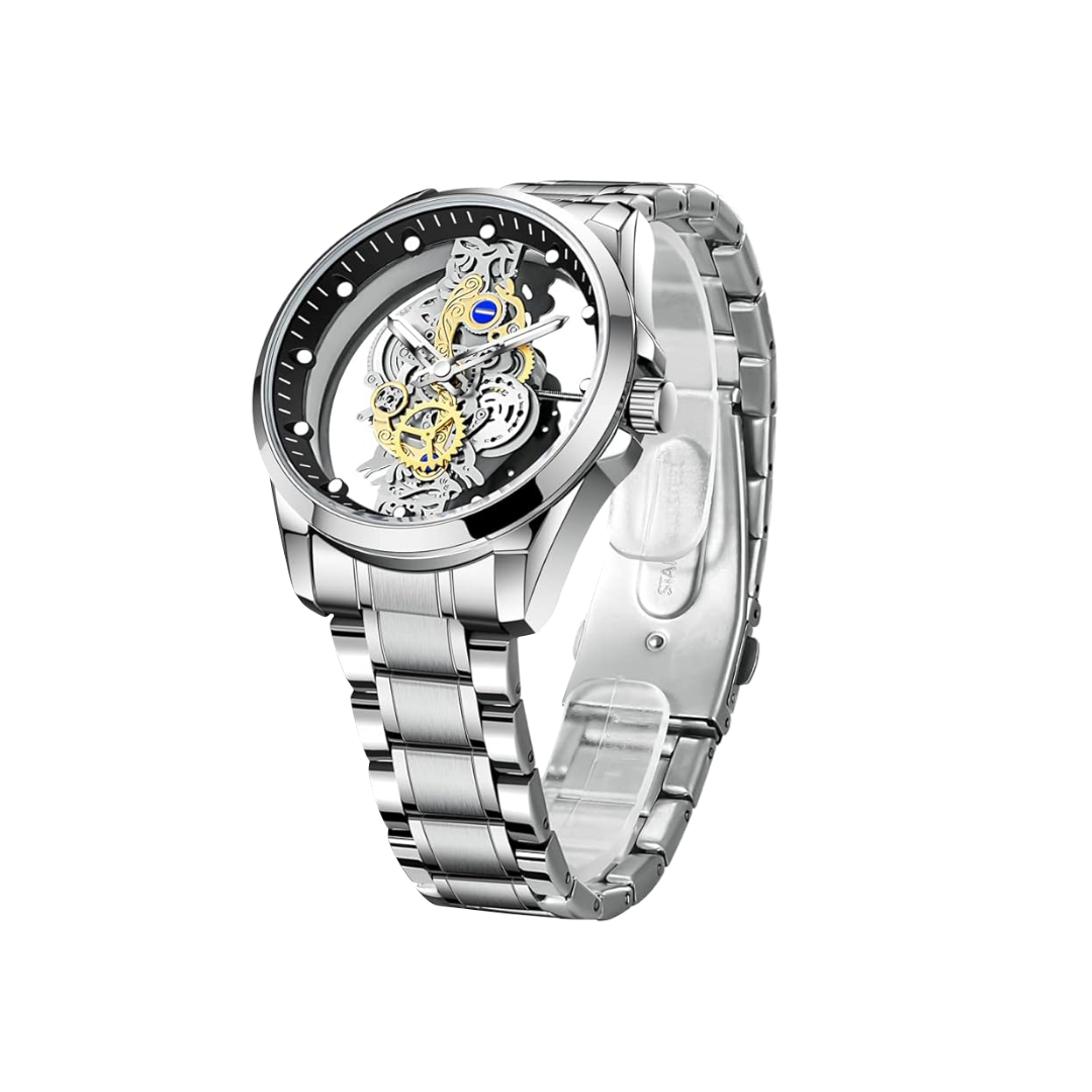 Orologio Analogico con Quadrante Scheletrato per Uomo | Cinturino Bimetallico in Acciaio 42mm