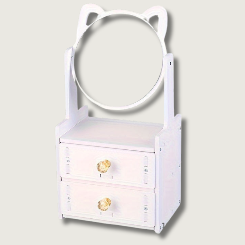 Cute Cat Ear Makeup Mirror with Storage Drawers | Tabletop Vanity Organizer