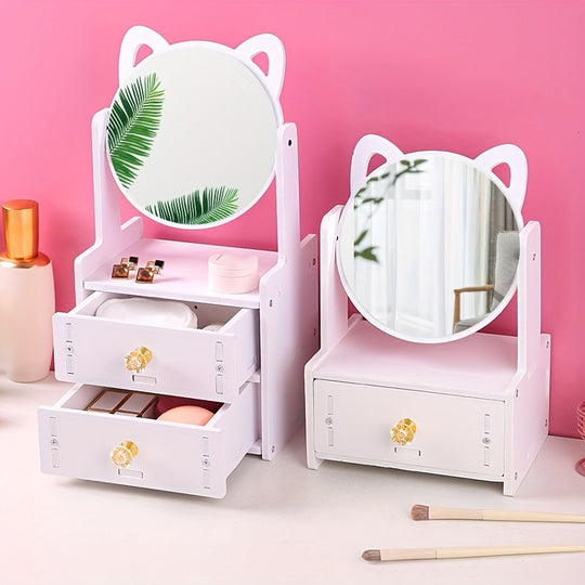 Cute Cat Ear Makeup Mirror with Storage Drawers | Tabletop Vanity Organizer