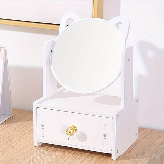 Cute Cat Ear Makeup Mirror with Storage Drawers | Tabletop Vanity Organizer